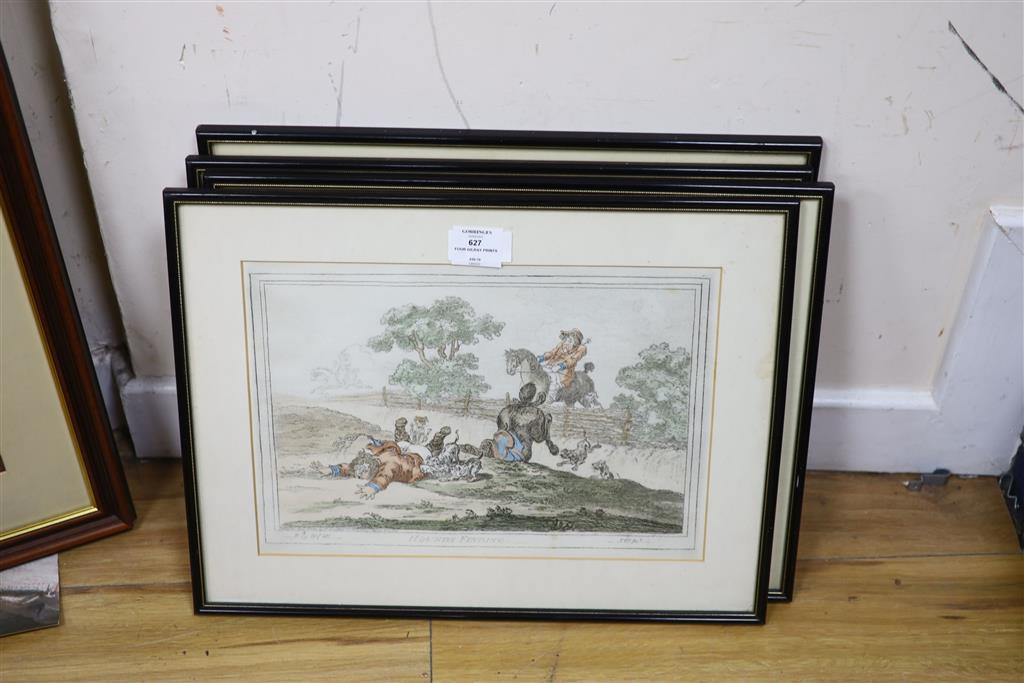 After Gilray, set of 4 coloured engravings (reprints), Hunting scenes, 26 x 38cm.